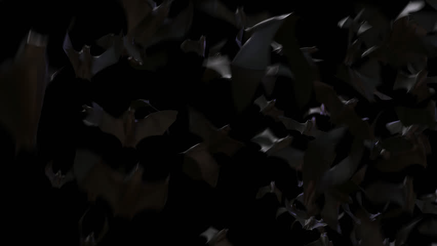 Halloween Bat Swarm Alpha Overlay. 3D rendering. A dense swarm of bats flying on a transparent background, perfect for creating a spooky Halloween effect.
