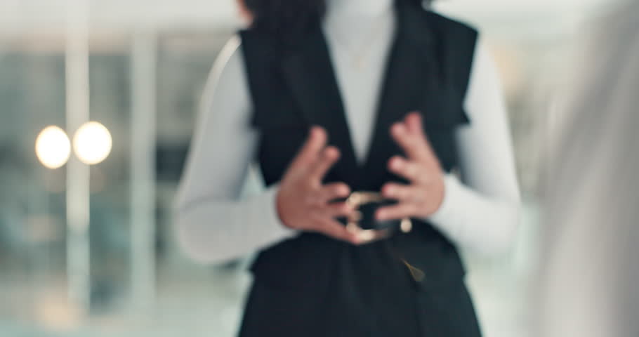 Business, interview or people shaking hands in office for job offer, finance recruitment or deal. HR manager, woman or welcome handshake with candidate for hiring or vacancy success at financial firm