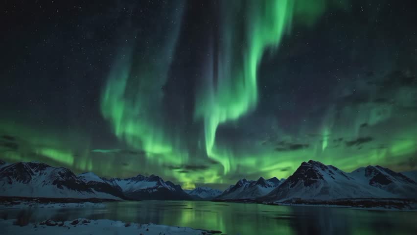 A stunning sight of the aurora borealis, or northern lights, arcing across a starry night sky. The bright green of the aurora dominates the sky, reflecting off the calm air below.