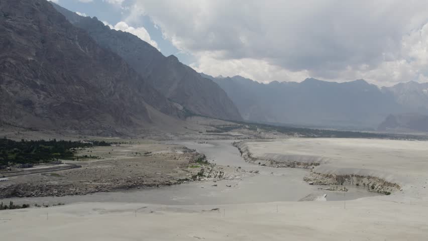 Indus River winding through barren cold desert landscape with mountains in the Karakoram Himalayas. Skardu,