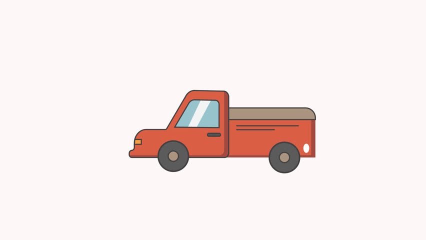 Animated Farm Pickup Truck Flat vector illustration of a red pickup truck, symbolizing transportation, delivery, farming, and utility vehicle design.
