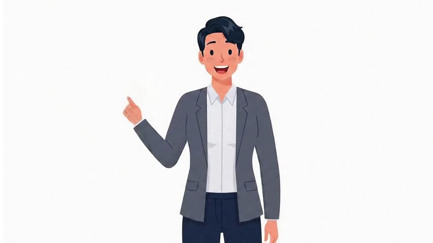A clean, modern 2D animation of a business character pointing forward with an enthusiastic smile. This smooth, seamless loop is perfect for highlighting key information in presentations