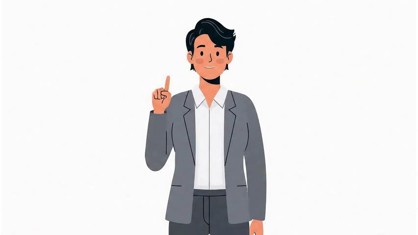 A clean, modern 2D animation of a business character pointing forward with an enthusiastic smile. This smooth, seamless loop is perfect for highlighting key information in presentations