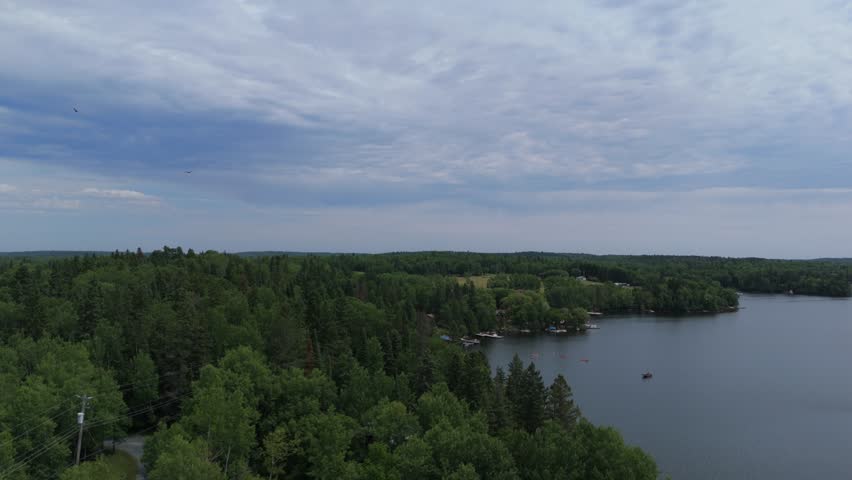 Aerial drone footage of a calm lake with boats, shoreline docks, and dense forest under a dramatic cloudy sky.