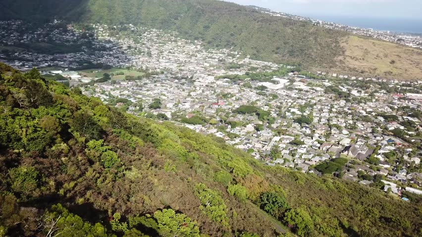 Manao suburb district with minder houses and homes surrounded by green mountains. Aerial top down shot. Honolulu city on Hawaii, USA. Sunny summer day. Peaceful cityscape neighborhood.