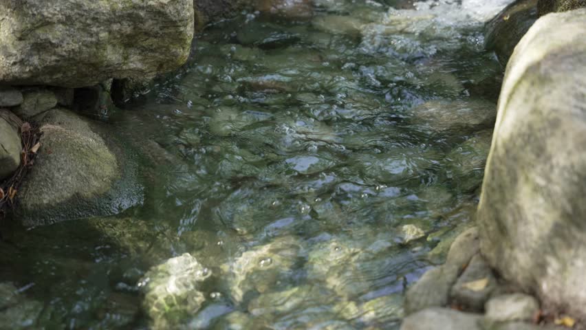 Close-up of flowing water sliding over stones. The clear water shows the movement of the stream.