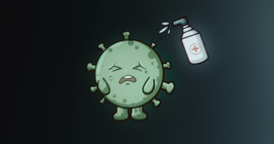 Cartoon virus character recoiling in fear from a bottle of disinfectant spray