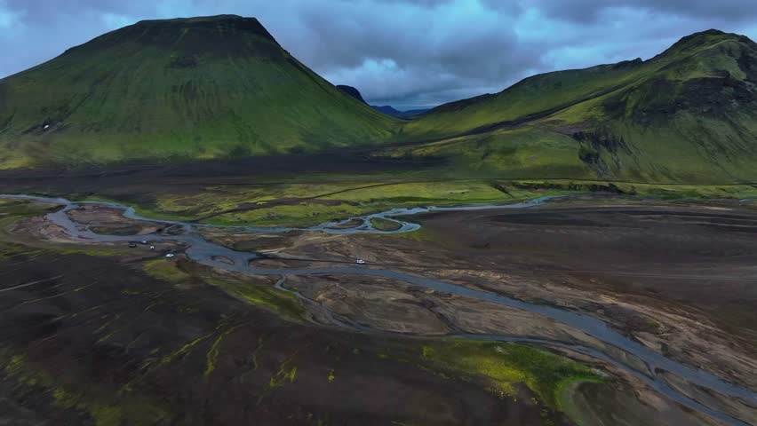 Landmannalaugar Iceland Highlands glacier river nature road roadtrip, aerial drone scenic drive