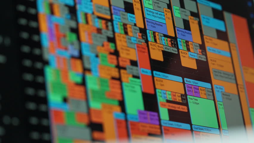 Close-up of a laptop screen showing a packed online calendar filled with appointments and meetings. Perfect for concepts of productivity, busy schedules, time management, or business life.