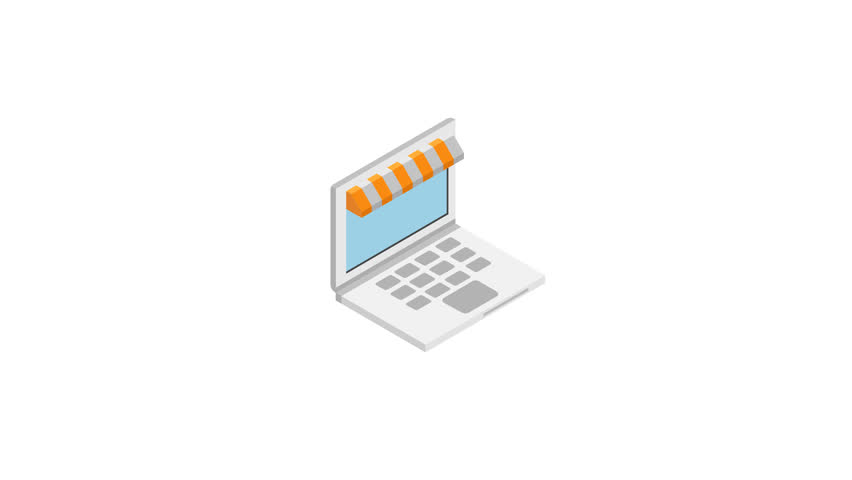 Animation Isometric icon of a laptop with a striped awning and colorful shopping bags, symbolizing online shopping, digital retail, and e-commerce concepts.