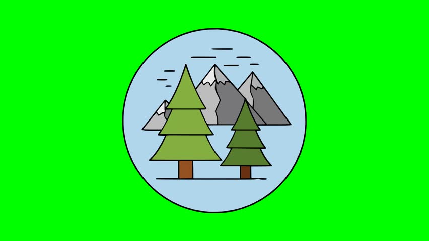 Vector circular landscape with green pine trees, snowy mountain peaks, and minimal blue background in simple cartoon style
