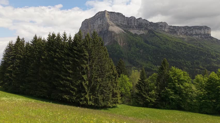 Aerial forward drone shot flying toward Mont Granier in the Chartreuse, French Alps, France. Scenic mountain landscape with pine forest, blue sky, clouds and alpine ridge.