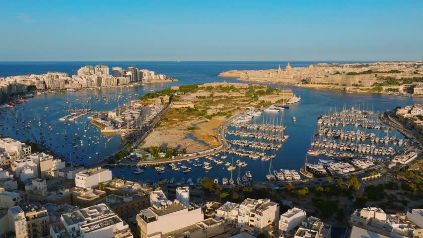 Drone view of Gzira, Manoel island and Valletta - capital of Malta