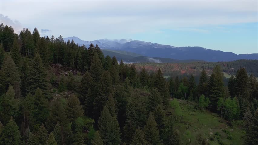 Spring Summer Mt Mount Blue Sky Evergreen Colorado aerial drone morning rain fog sunny cloudy Indian Hills Morrison Marshdale Genesse pine aspen tree forest snow melt Rocky Mountains peak circle right
