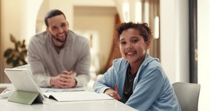 Homework, tablet and face of father and daughter for education, distance learning and help. Student, home school and support with man and child in family house for love, teaching and tutoring - Powered by Shutterstock - Get 15% off with code: PIKWIZARD15