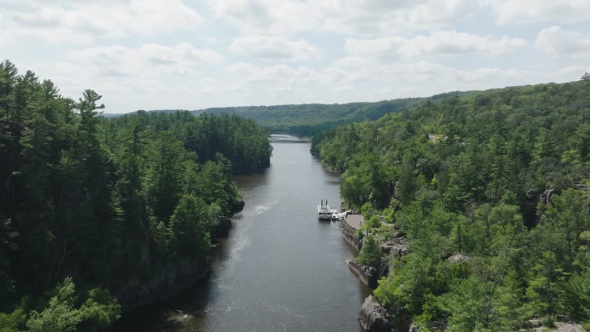 A Riverboat Ramp In The Saint Croix River Near Interstate State Park In Wisconsin, USA. Aerial Drone Shot