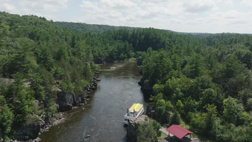 Above View Of Paddleboat Boat Tours On The St. Croix River In Taylors Falls, Minnesota, United States. Aerial Shot