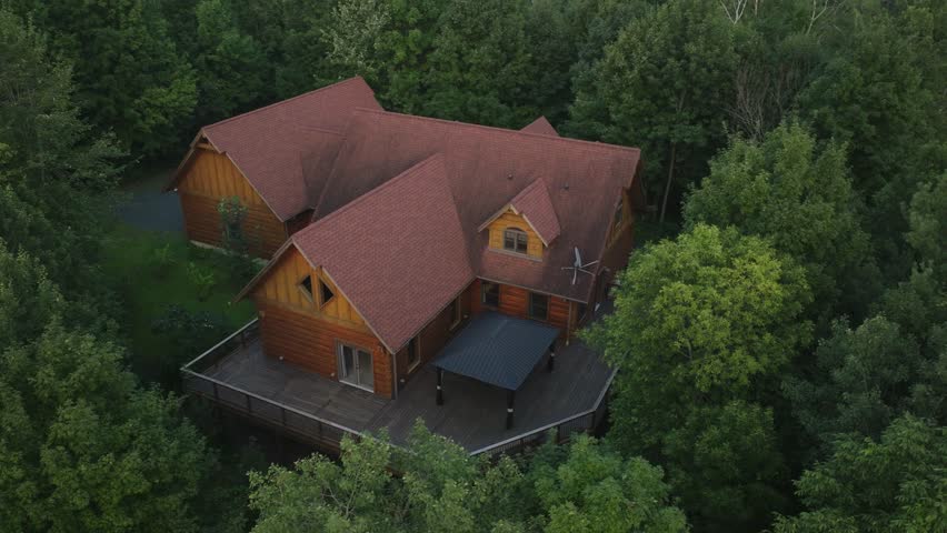 Aerial View Of A Custom Log Home At Saint Croix Falls In Polk County, Wisconsin, United States.