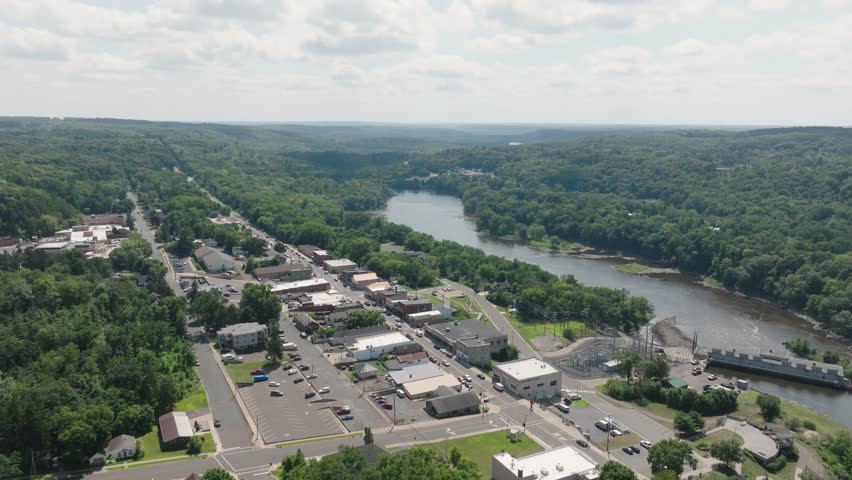St. Croix Falls City By The St. Croix River In Polk County, Wisconsin, United States. Aerial Drone Shot