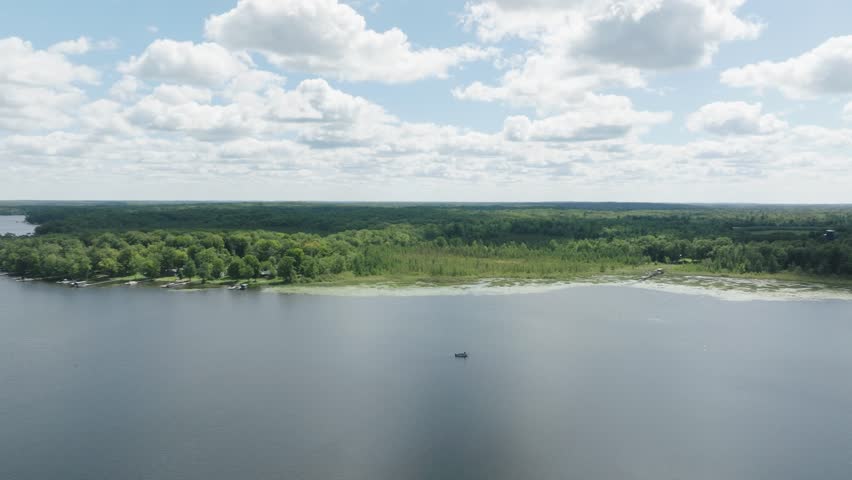 Aerial View Of Fishing Boat At The Half Moon Lake In Polk County, Wisconsin, United States.