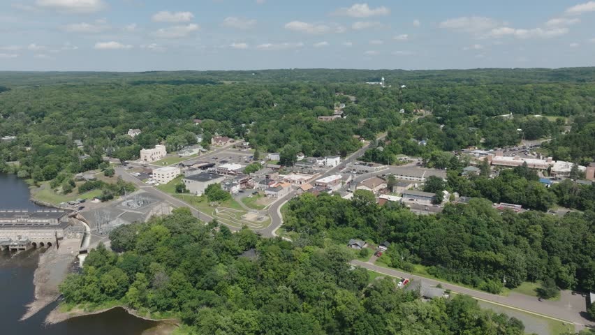 Downtown Scenery Of St. Croix Falls By The St. Croix River In Wisconsin, USA. Aerial Drone Shot