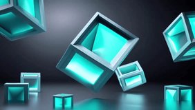 hollow cubes glowing a turquoise blue, floating and resting on a dark reflective surface. - Powered by Shutterstock - Get 15% off with code: PIKWIZARD15