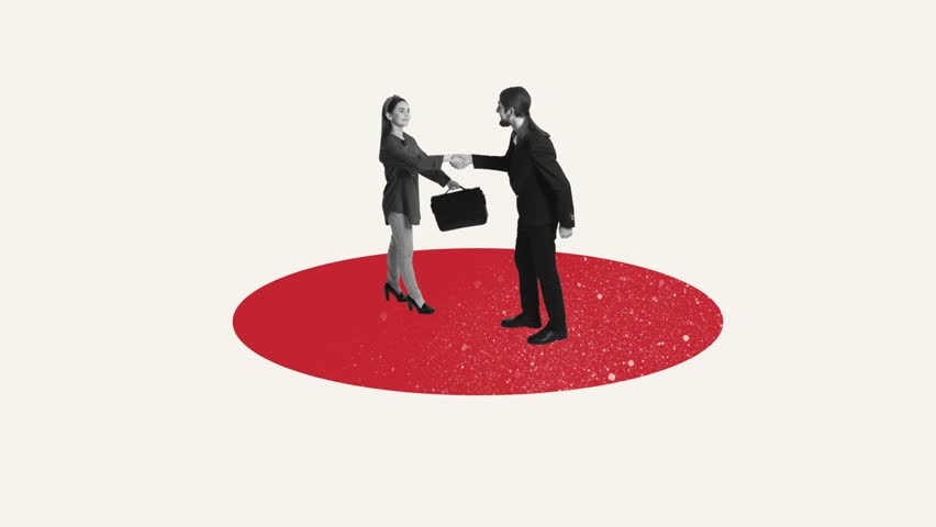 Animated ad of business teams on red platforms connected by ladders. Concept of hybrid work structure, onboarding, B2B SaaS, CRM collaboration, and internal communication.