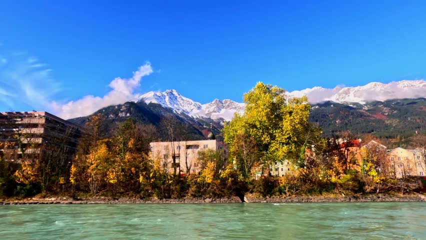 Panoramic view of sunshine day scene at Innsbruck cityscape, colorful historic buildings in Innsbruck, Austria	