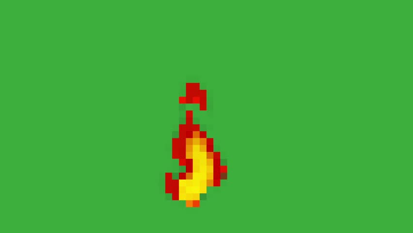 Animation video fire element effect with pixel art syle moving on green screen background