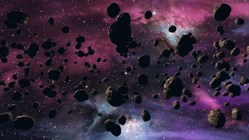 3d Render animation of Asteroids field in deep blue space with linear flying through camera move, star field in universe Galaxy, slow panoramic cinematic linear shot. Asteroid Belt Space Rocks. stone