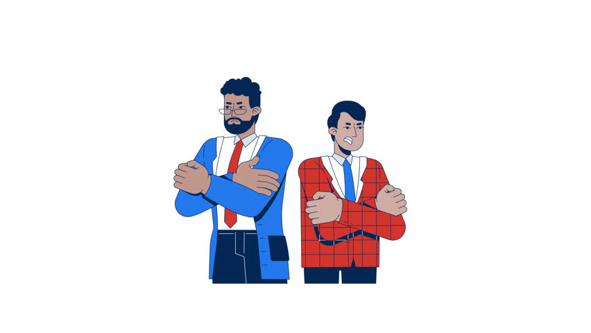 Two adversarial angry lawyers with arms crossed 2D characters animation. Workplace conflict. Professional clash partners coworkers animated people cartoon 4K video isolated on white transparent