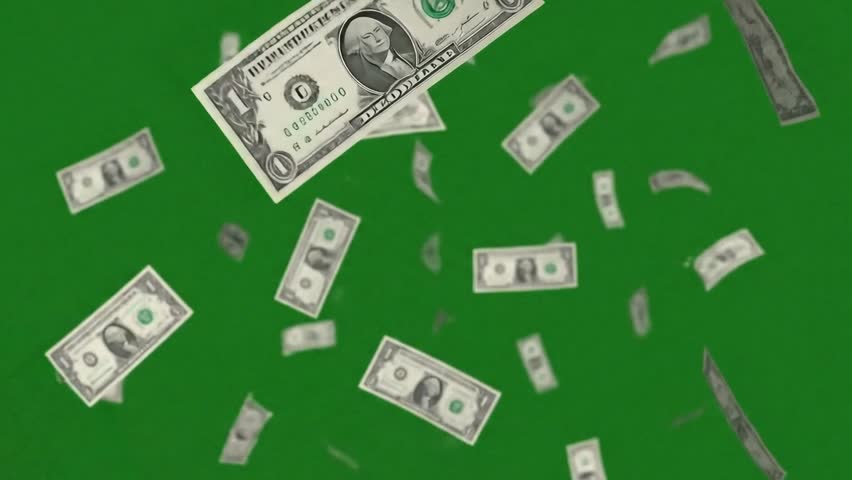 One Dollar Bills Falling Against Green Screen Background
