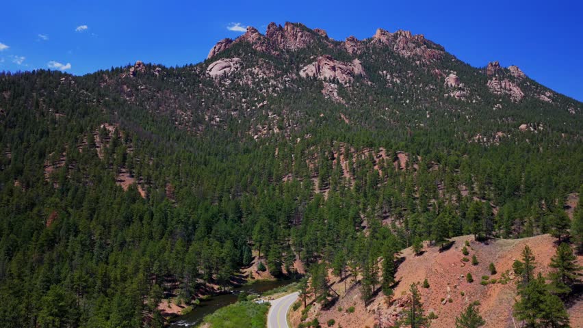 South Platte River Deckers Foxton Conifer Pine aerial drone Colorado Trail summer morning sunny blue sky cloud Cheesman Canyon North Fork Buffalo Creek Platte Canyon windy road circle left