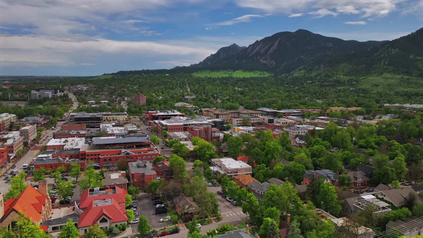 Front range college town of University of Boulder Colorado Chautauqua Park Flatirons aerial drone summer spring Green mountain Pearl Street Mall Eben G Fine Boulder creek blue sky sunny forward pan