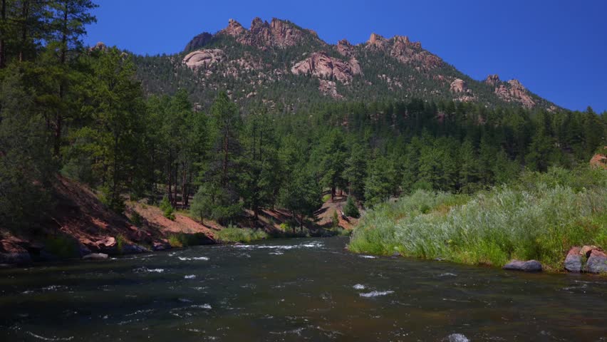 Deckers South Platte River Conifer Pine aerial drone Colorado Trail Foxton North Fork Buffalo Creek Platte Canyon spring summer morning sunny blue sky Pike National Forest forward pan up