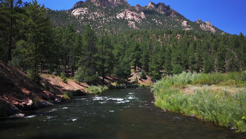 Summer Deckers Foxton North Fork South Platte River Conifer Pine Colorado Trail aerial drone Pike National Forest fly fishing destination Buffalo Creek Platte Canyon morning sunny blue sky forward pan