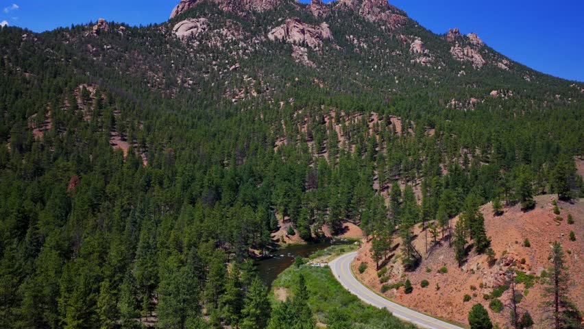South Platte River Deckers Foxton Conifer Pine aerial drone Colorado Trail summer morning sunny blue sky cloud Cheesman Canyon North Fork Buffalo Creek Platte Canyon windy road forward pan up