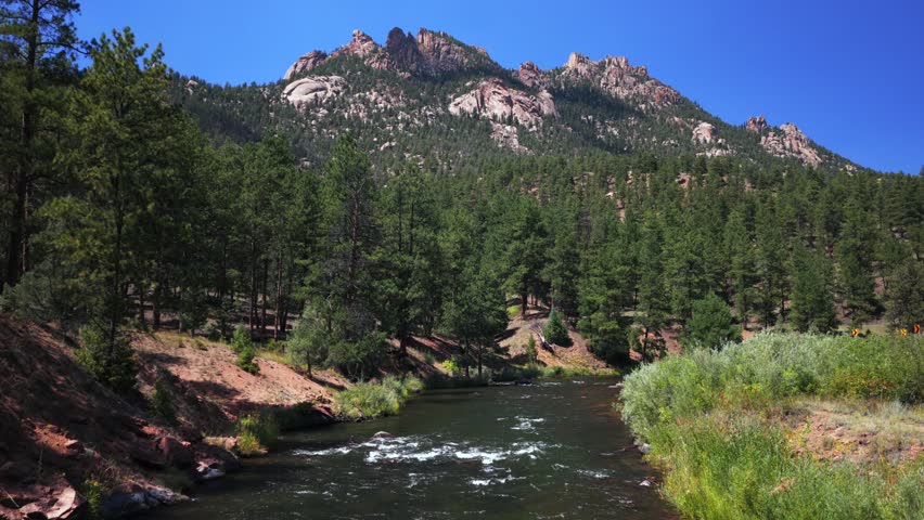 Summer Deckers Foxton North Fork South Platte River Conifer Pine aerial drone Colorado Trail Pike National Forest fly fishing Sheep mountain Buffalo Creek Platte Canyon morning sunny blue sky forward