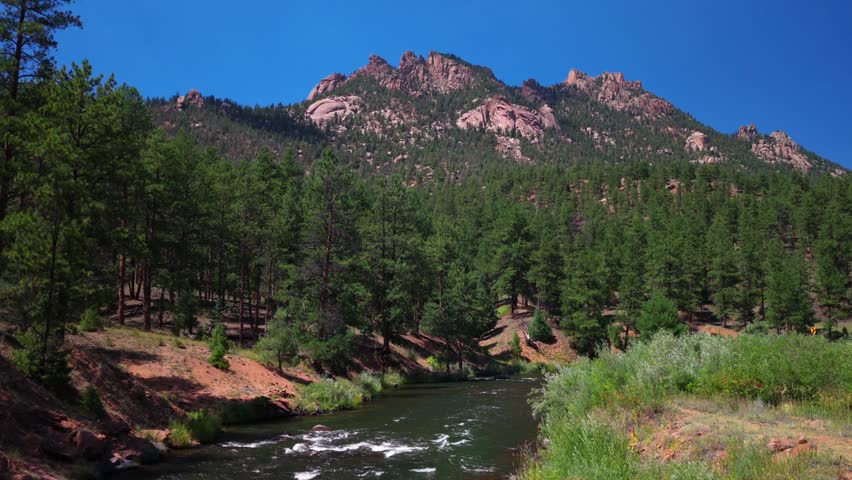 Summer Deckers Foxton North Fork South Platte River Conifer Pine aerial drone Colorado Trail Pike National Forest fly fishing Sheep mountain Buffalo Creek Platte Canyon morning sunny blue sky left