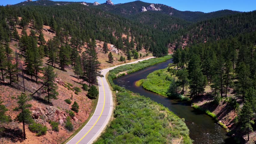 Summer windy road Deckers South Platte River Conifer Pine aerial drone Colorado Trail Foxton North Fork Buffalo Creek Platte Canyon morning sunny blue sky Pike National Forest forward pan up