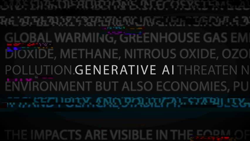 Glitch-style loop showing GENERATIVE AI overlaid on a video player screen, merging technology, environmental themes, and media disruption.