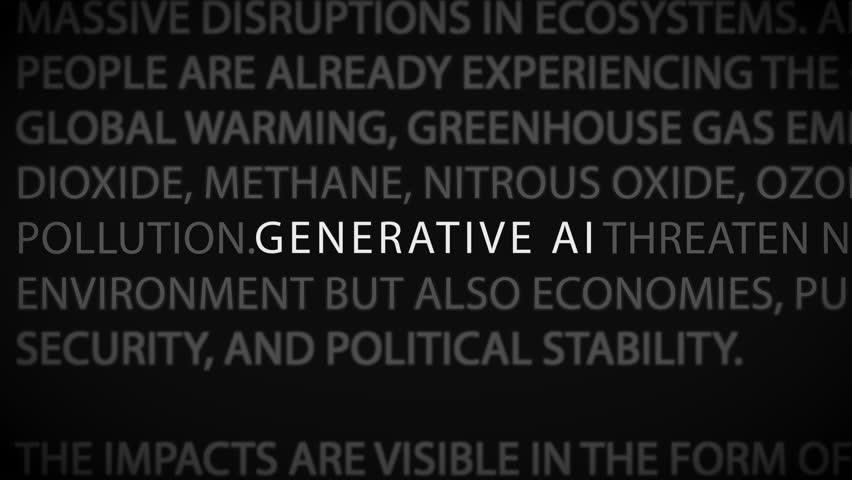 Looped scene with GENERATIVE AI featured in central position surrounded by news text, emphasizing its role in global discourse.