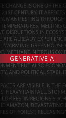 Smooth vertically-scrolling text sequence focused on 'Generative AI' amid background context on wind energy and innovation.