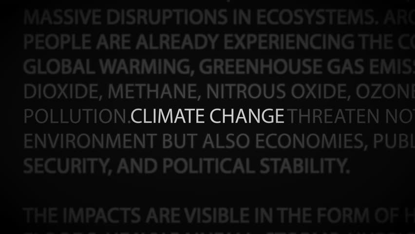 Zoom effect animation centering on 'CLIMATE CHANGE' within news text, with dynamic movement emphasizing global urgency and attention.
