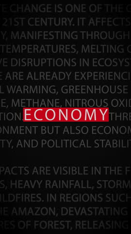 Zoomed-in vertical layout with the word 'ECONOMY' standing out from a stream of blurred economic texts, creating a sense of urgency and focus.