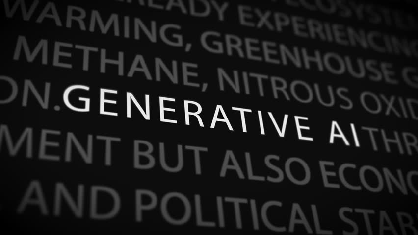 A focused frame of GENERATIVE AI in capital letters surrounded by climate-related text, drawing attention to tech’s role in environmental discussions.