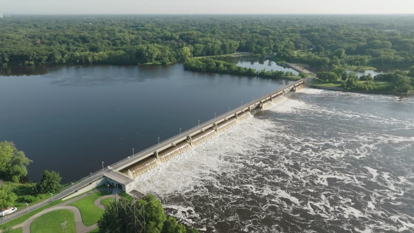 Panoramic Aerial View Of Coon Rapids Dam Regional Park On The Mississippi River, Minnesota, USA.