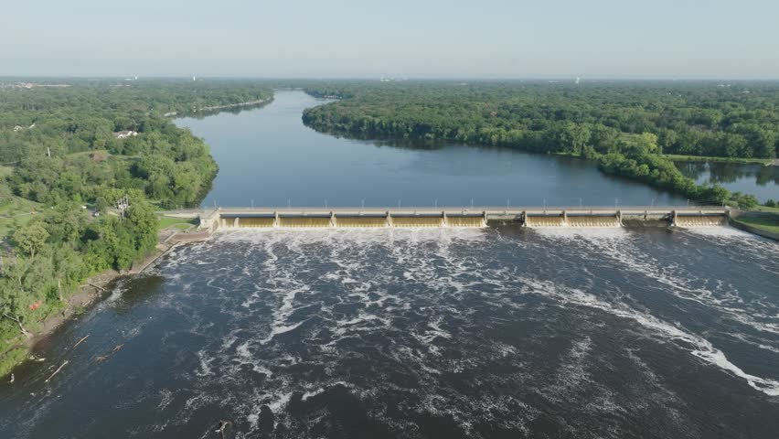 The Coon Rapids Dam On The Mississippi River In Coon Rapids And Brooklyn Park, Minnesota, USA. Aerial Shot