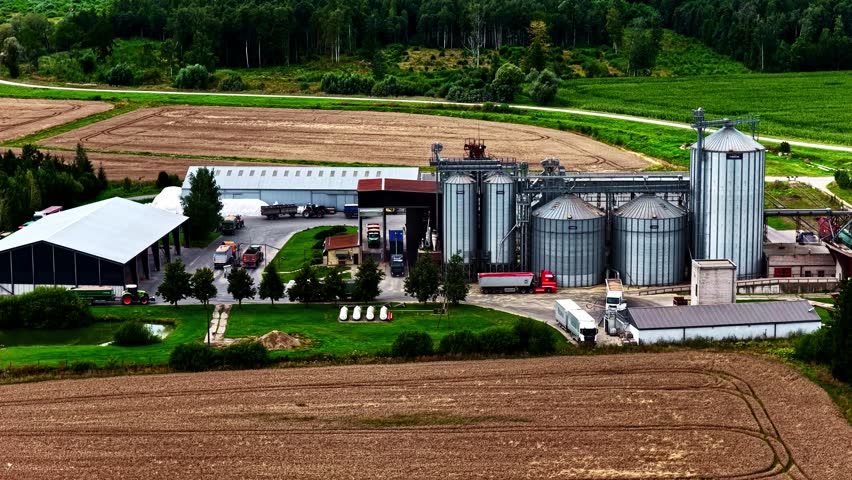 Silo farm industrial facility grain grain storage factory production aerial drone