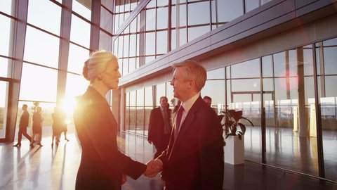 A mature businessman and businesswoman who are old acquaintances, meet and shake hands in a bright modern office building at sunset. 